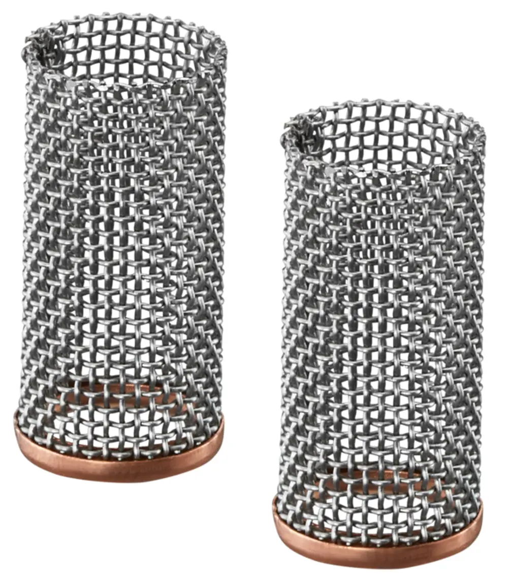 Zwei metallene Filtereinsätze mit feinem Gitter und einer Kupferbasis, hergestellt von Oventrop, zur Verwendung in bestimmten Heizsystemen.